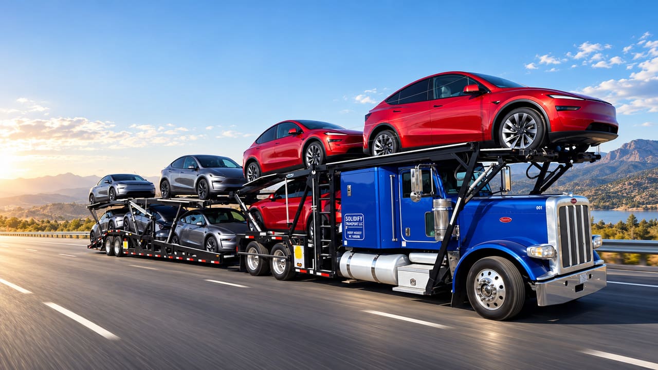An auto hauler in Solidify Transport blue livery on a highway, six vehicles loaded across both decks behind the cab, mountains and a lake beyond.